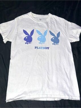 PLAYBOY White Tee with Three Blue Gradient Bunny Logos